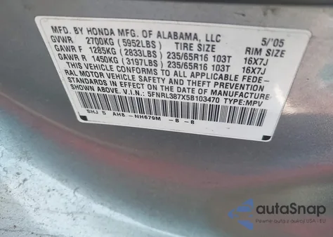 2005 Honda Odyssey Ex-L from USA, damaged, VIN 5FNRL387X5B103470